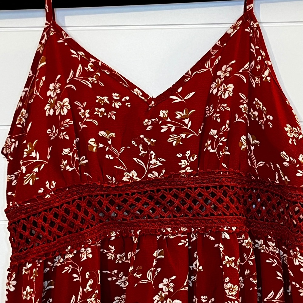 Womens Red Floral Print Mini Dress Spaghetti Straps Crochet Summer Sundress L - Picture 5 of 12